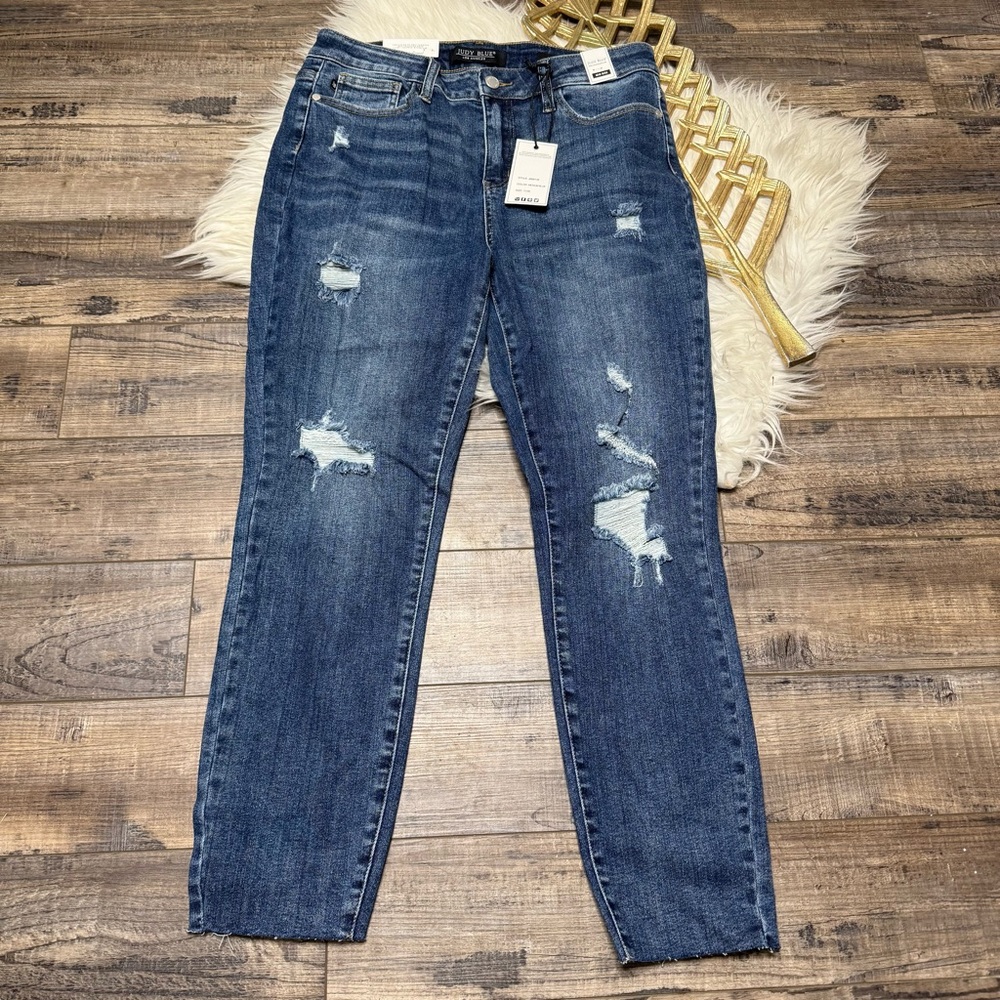 Judy Blue Distressed Mid Rise Denim Cut Off Jeans